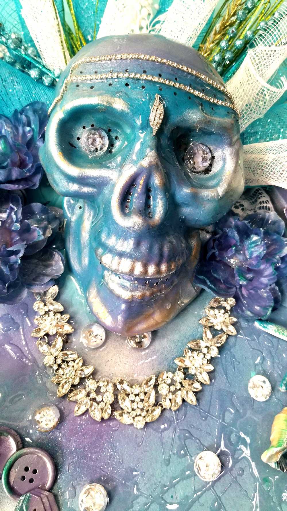 Large Teal Wood Clock with Skull and all Her Jewels, with Lights