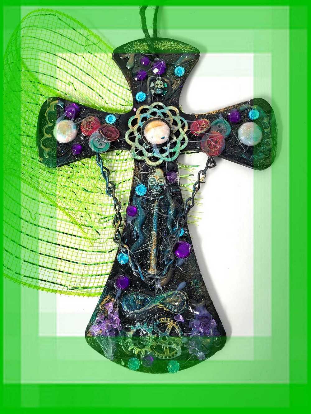 Wooden Cross with Chains, Buttons, Rhinestones, Gears and Skulls