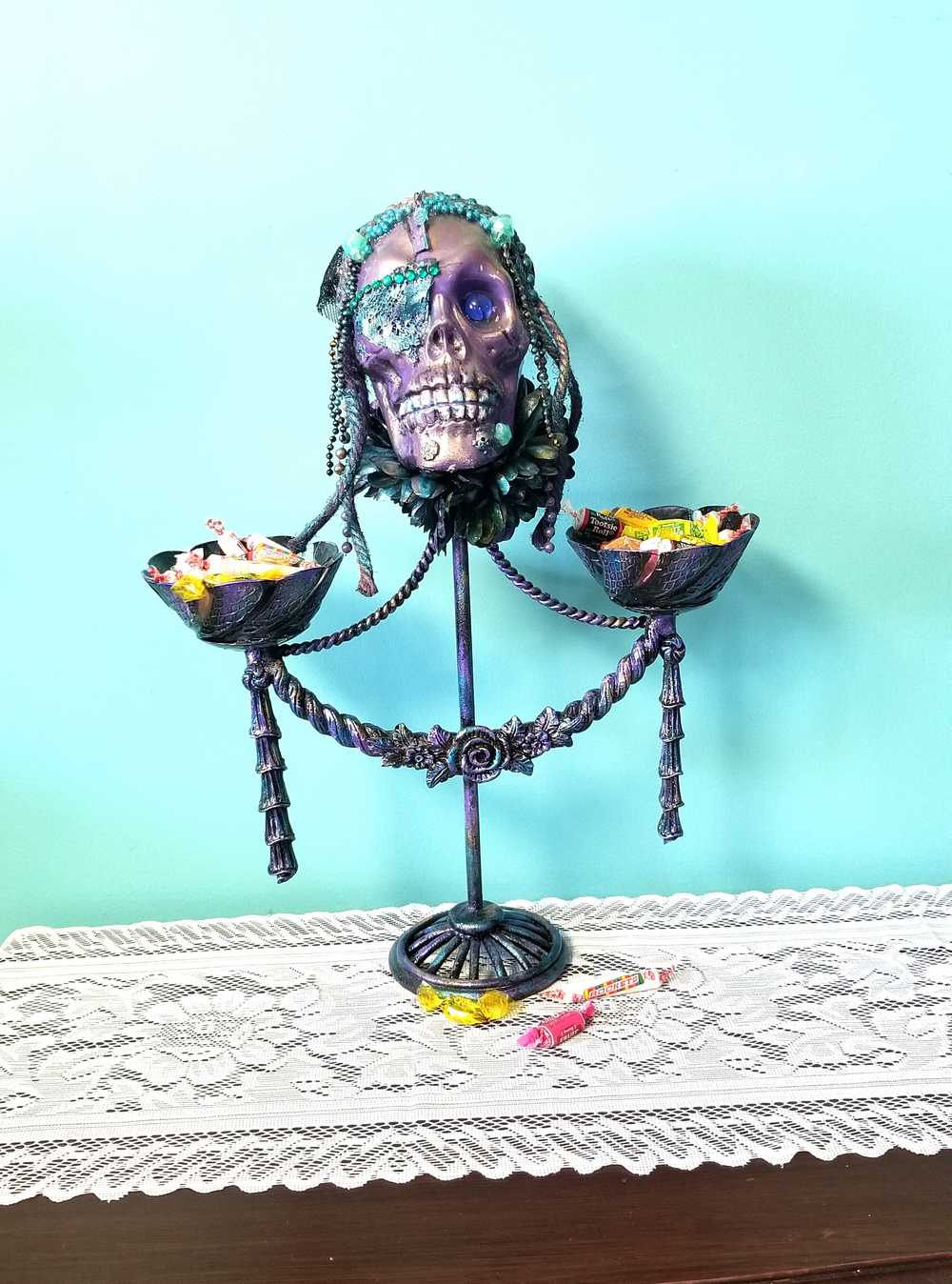 Purple Skull on Decorative Stand with Two Glass Candy Dishes