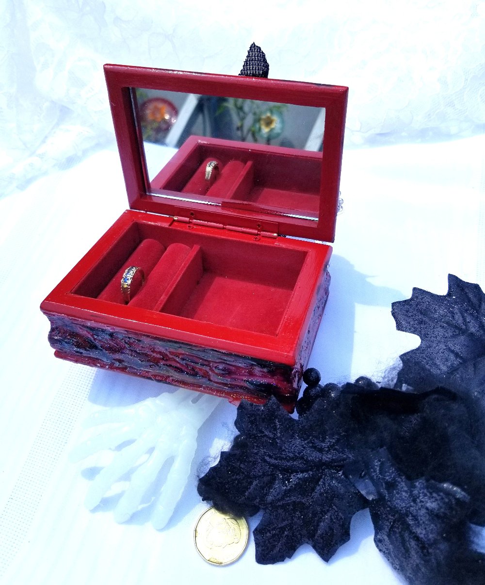 Small Red and Black Jewelry Box with a Skull and a Red Rose