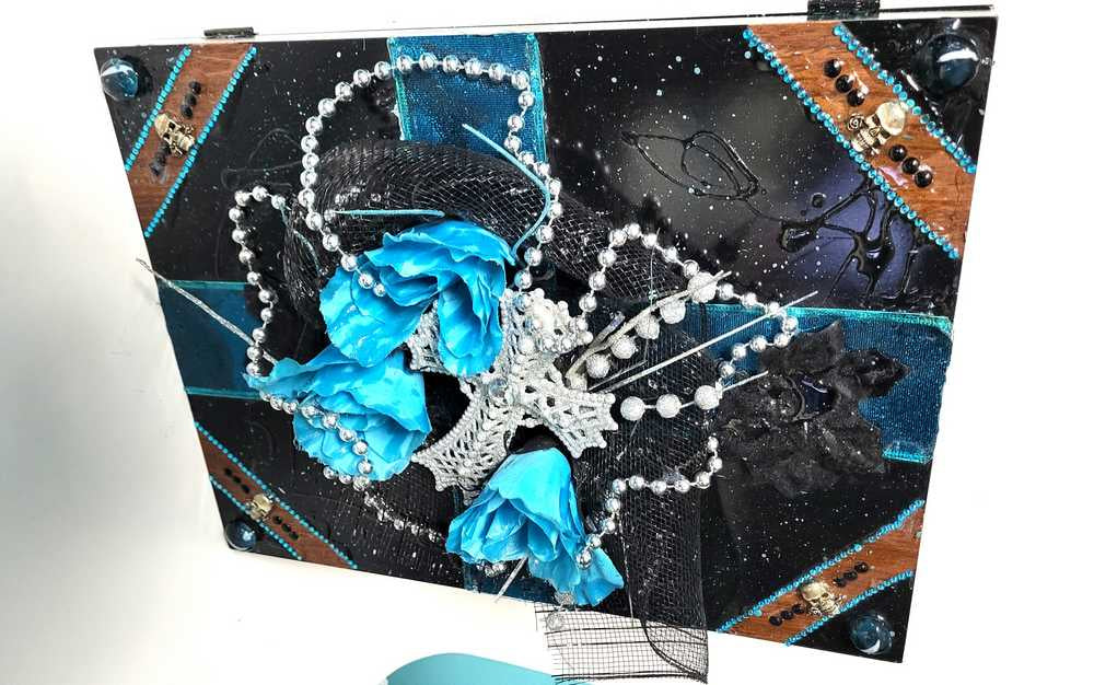 Black and Teal Jewelry Box with  3D Teal Roses, a White Cross and Skull Charms