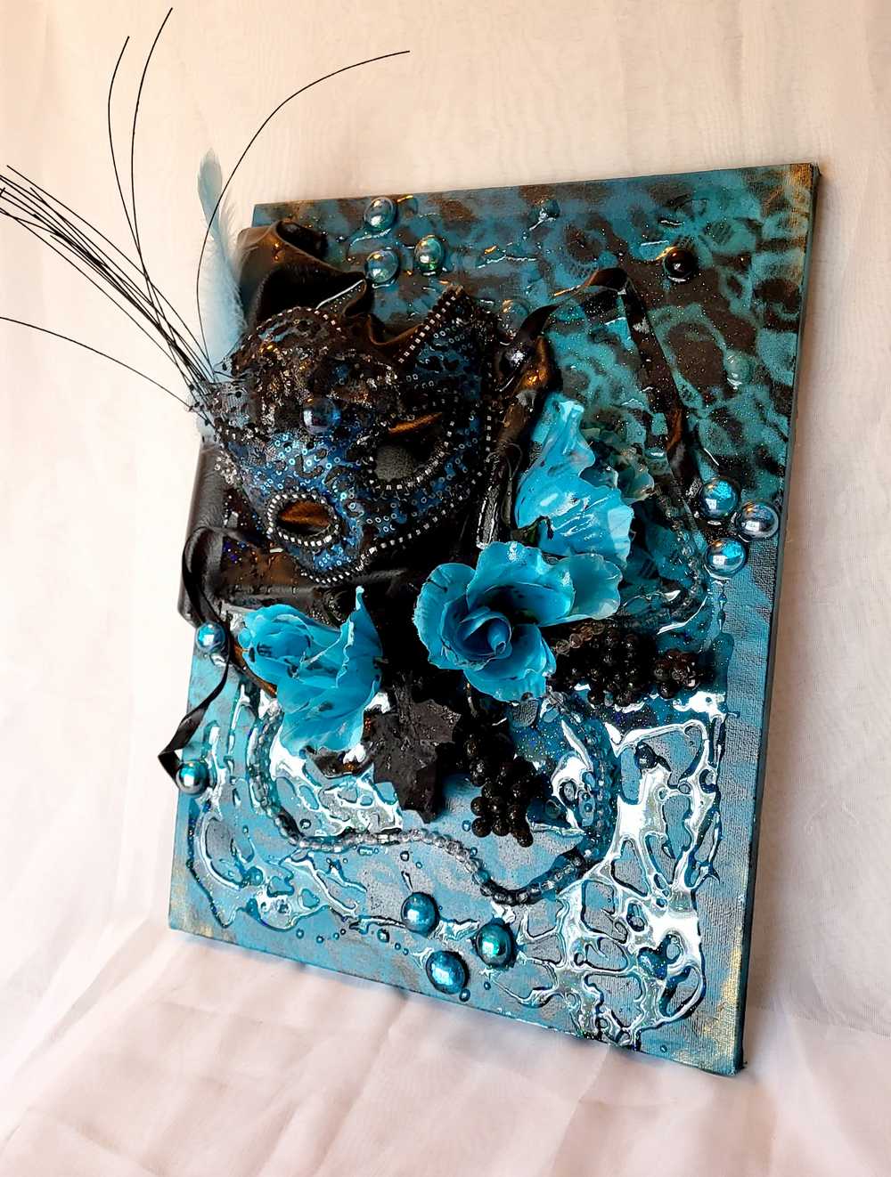 3D Canvas Art with Sexy Teal Blue Mask and Teal Blue Roses, 30 x 40 x 15 cm