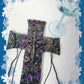 Black Cross With Skulls and Gears in Purple and Teal Rhinestones