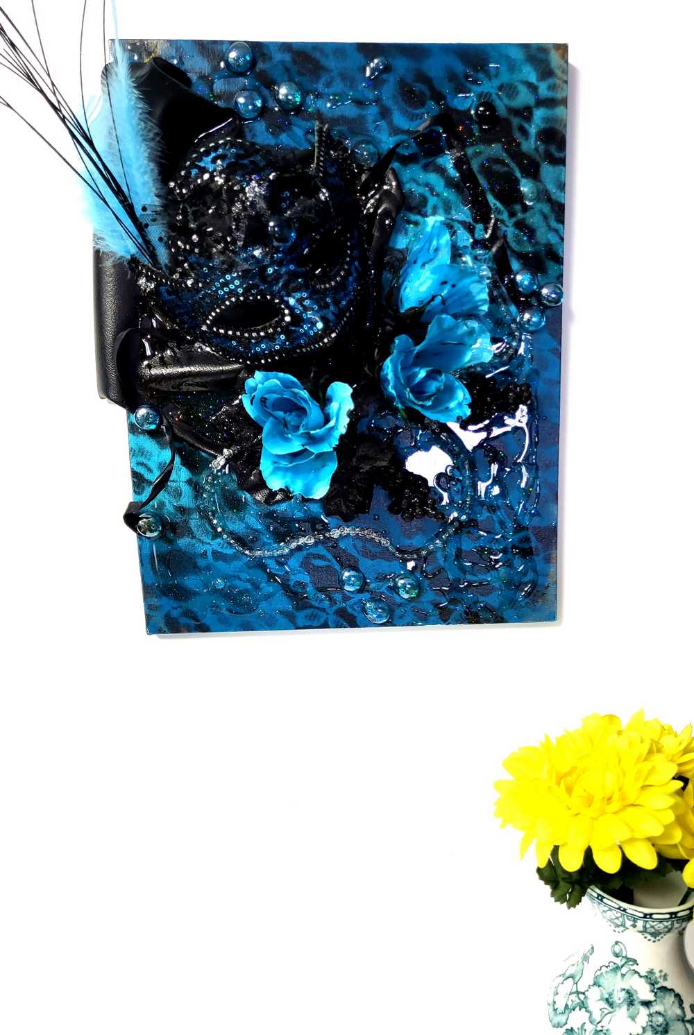 3D Canvas Art with Sexy Teal Blue Mask and Teal Blue Roses, 30 x 40 x 15 cm