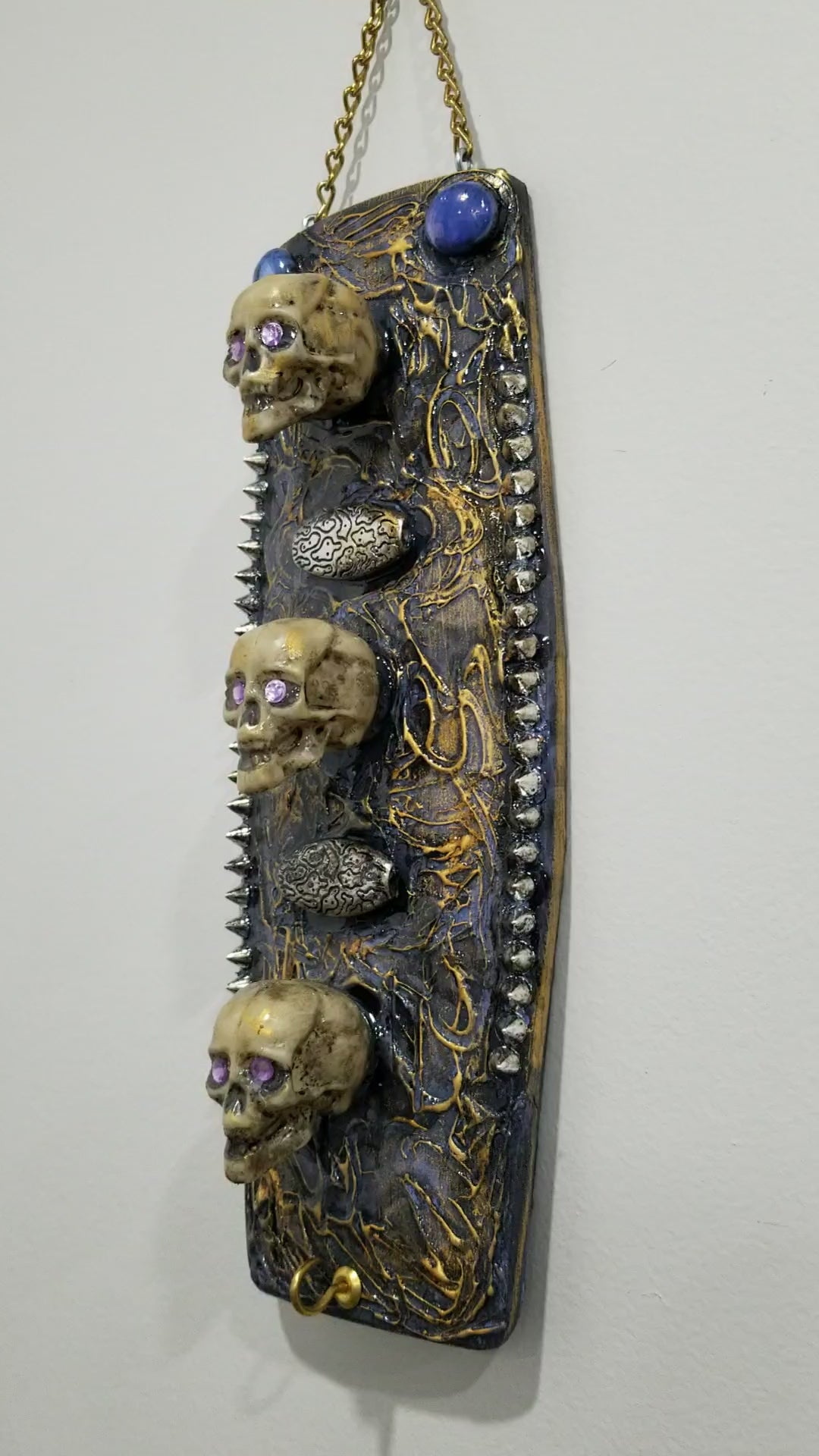 3 Skulls on a Studded Textured Wall Plaque, Home Decor, Punk Art