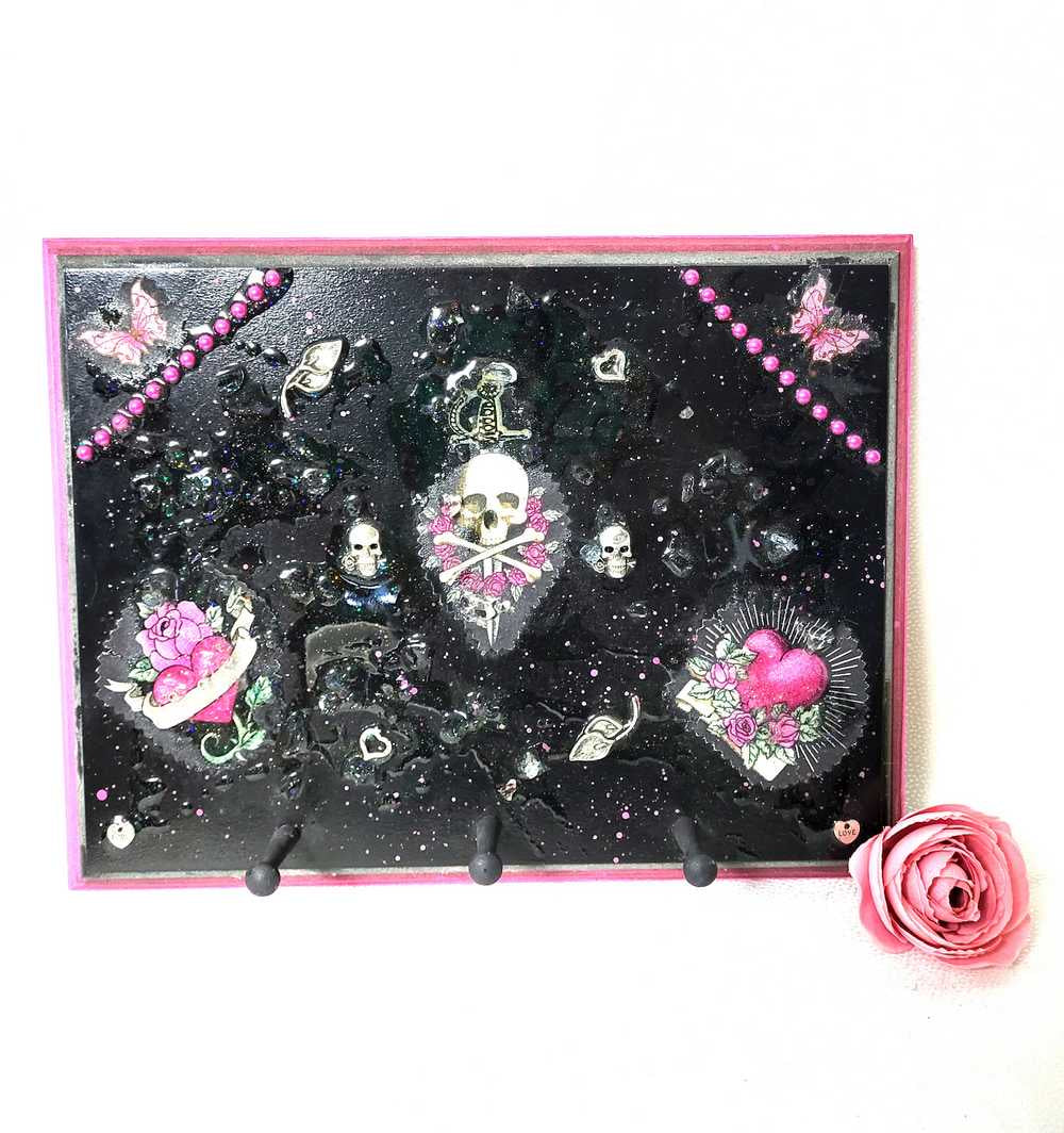 Black Goth Wall Plaque with a Skull with a Sword, Glass and Pink Butterflies