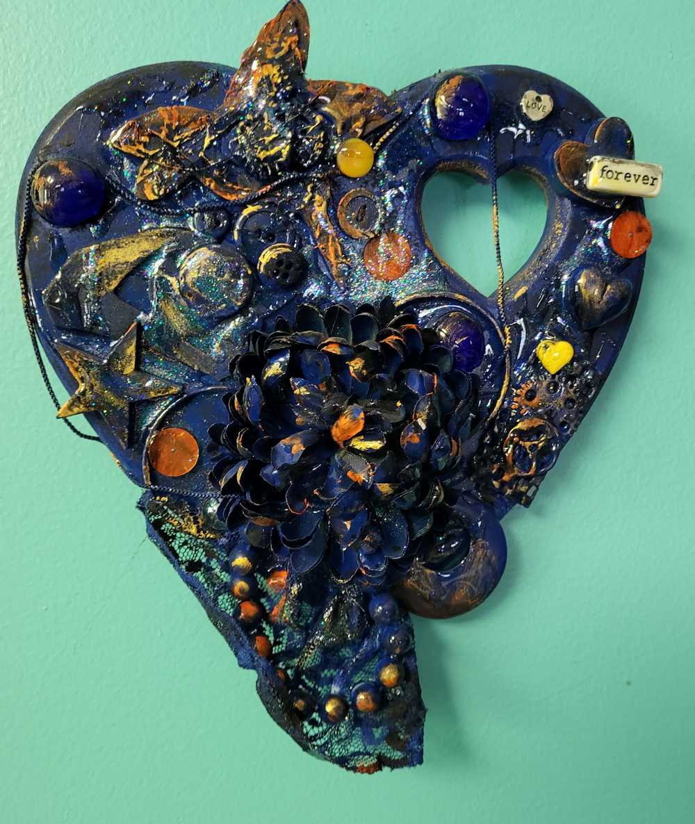 Deep Blue Wooden Heart Wall Plaque with Flowers, Recycled Jewelry, Gears and a Hummingbird