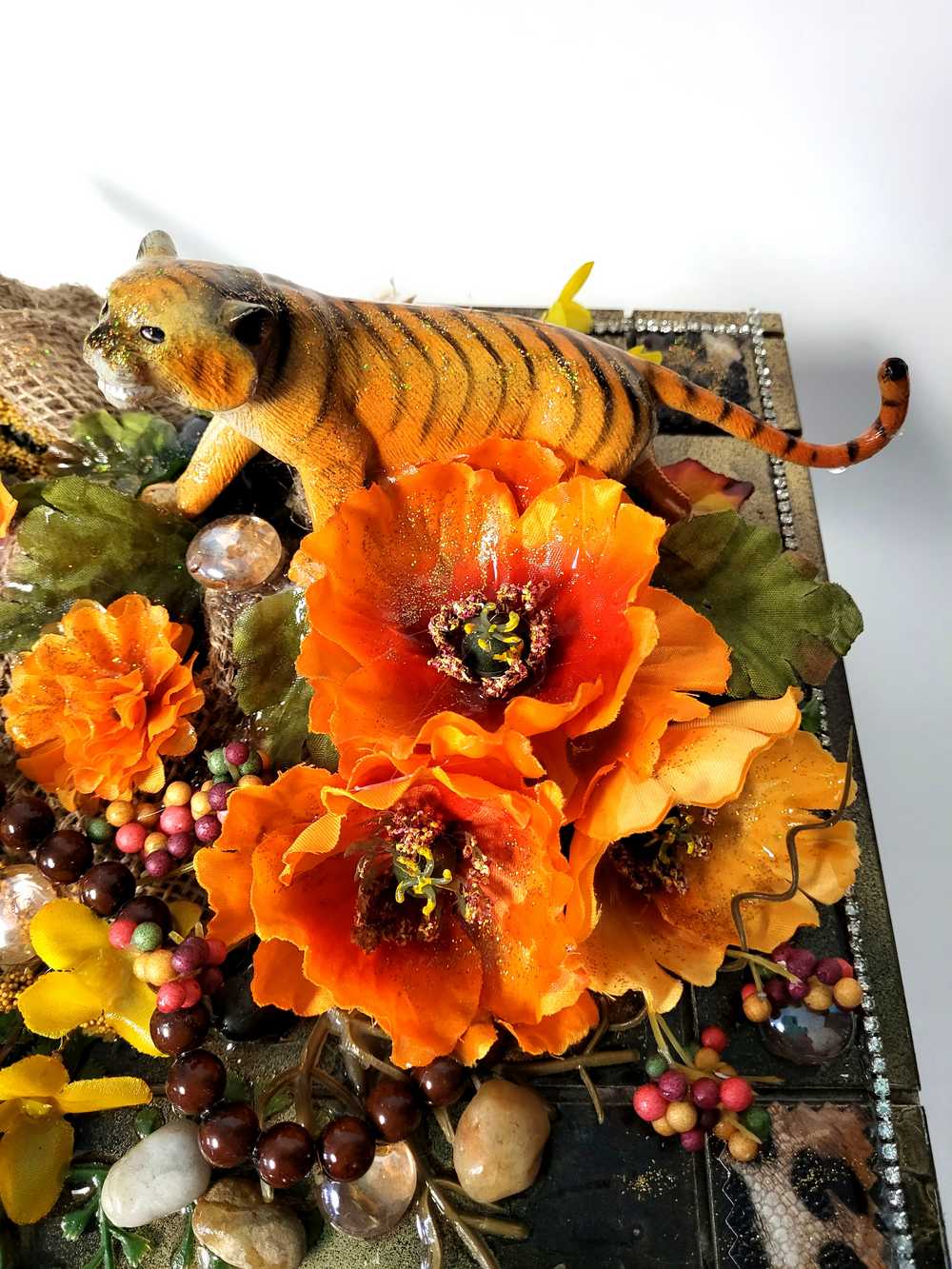 Jewelry Box with Orange & Yellow Flowers and a Tiger, Safari Themed