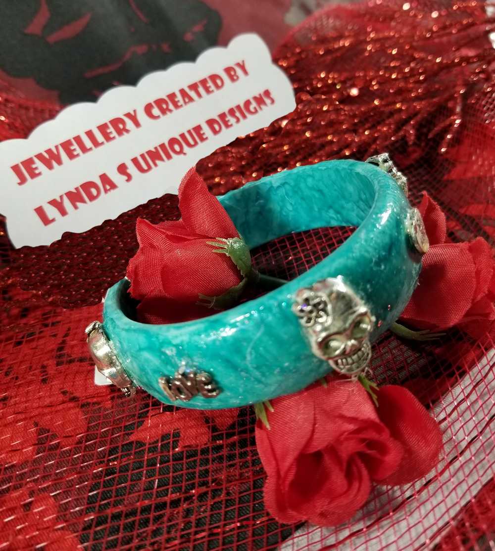 Light Teal Blue Bangle, Bracelet with Skulls and Love Charms