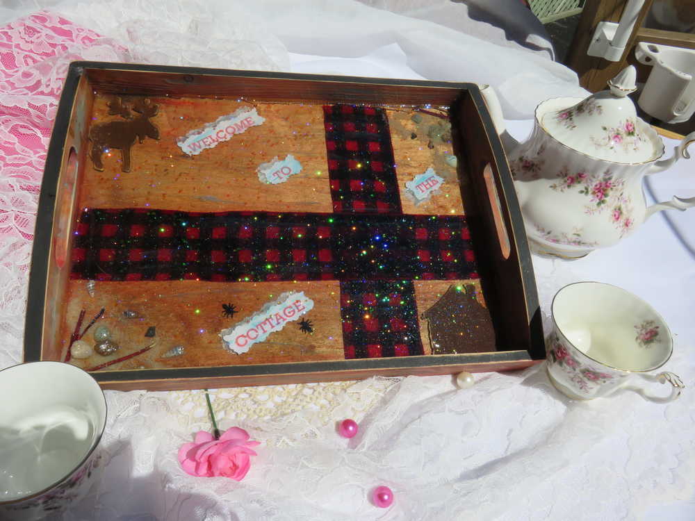 Serving Food Tray with a Cute Cottage and Moose, Wood Cut Out