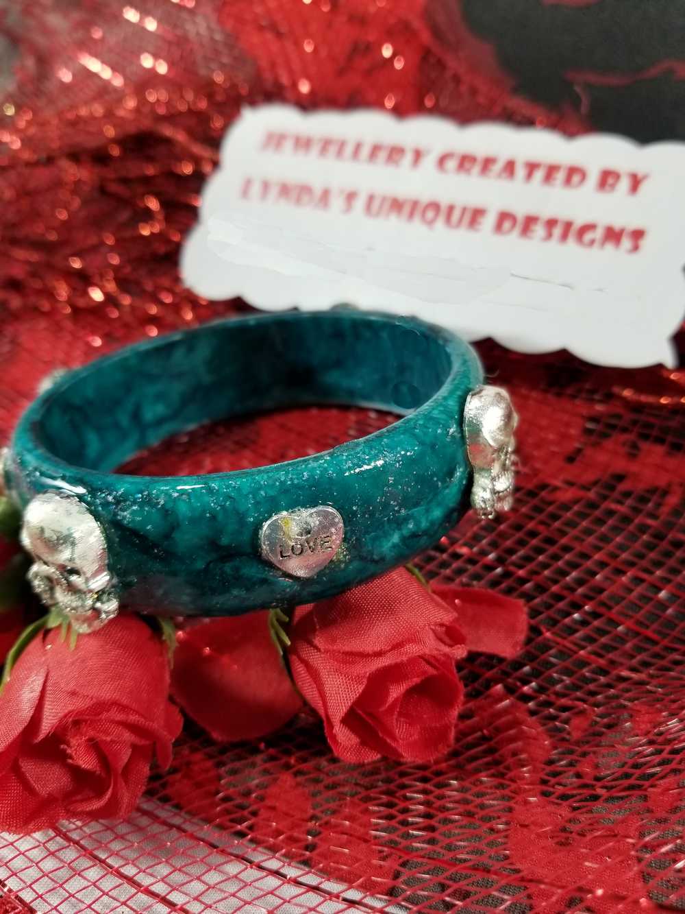 Dark Teal Bangle with Skulls and Hearts