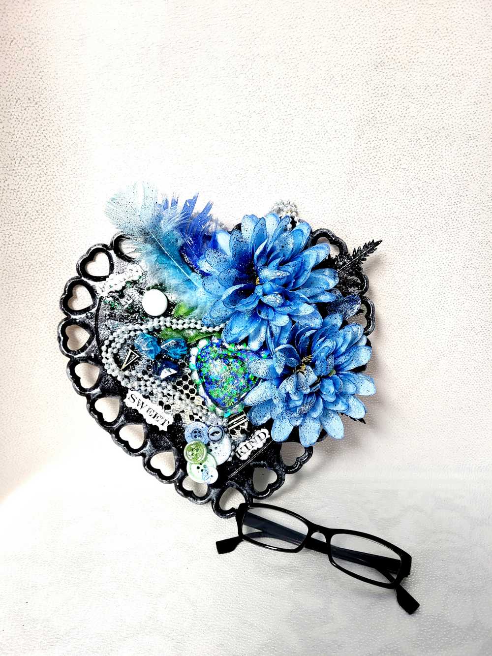 Wooden Heart Wall Decor with Lattice Heart Cut Outs, Blue Flowers