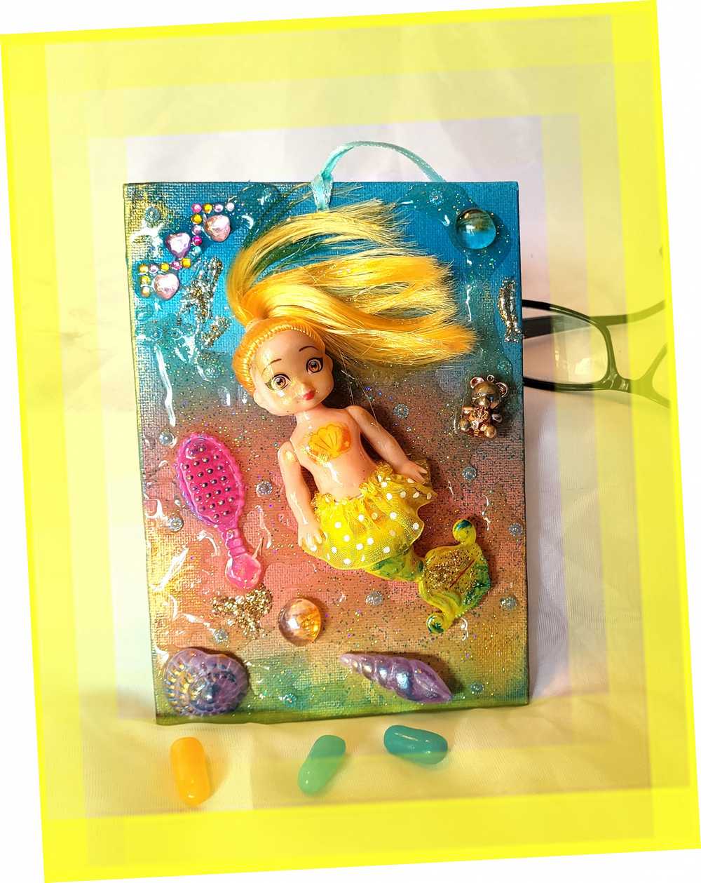 18L x 13W cm Canvas with Blond Mermaid Doll, Wall Hanger for Child's Room