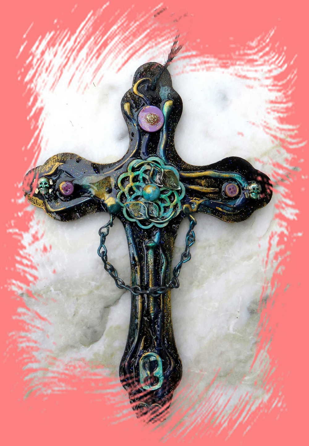 Altered Goth Wooden Cross with Skulls, Chains and Pink Buttons