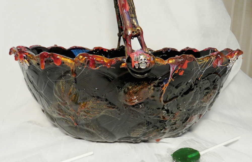 Goth, Altered Vintage Glass Fruit Bowl With Handle and Skull Charms