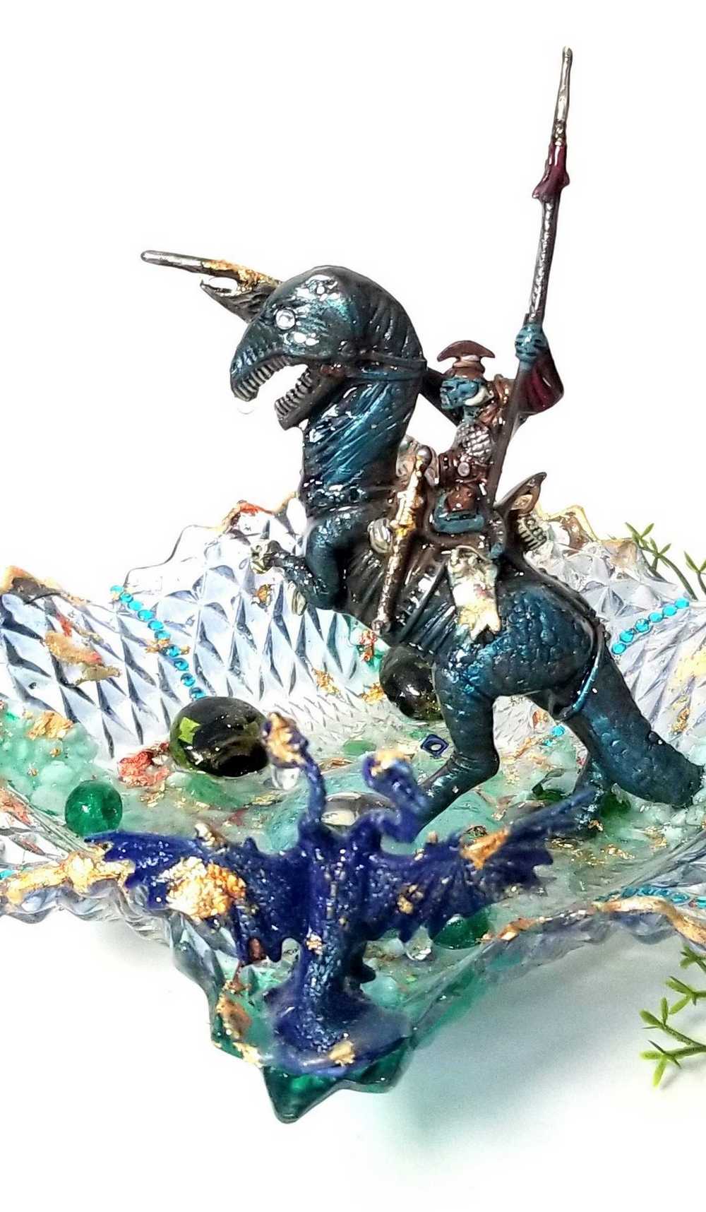 Mutant Troll Warrior Riding a T Rex in a Glass Vintage Dish, Collector Piece 