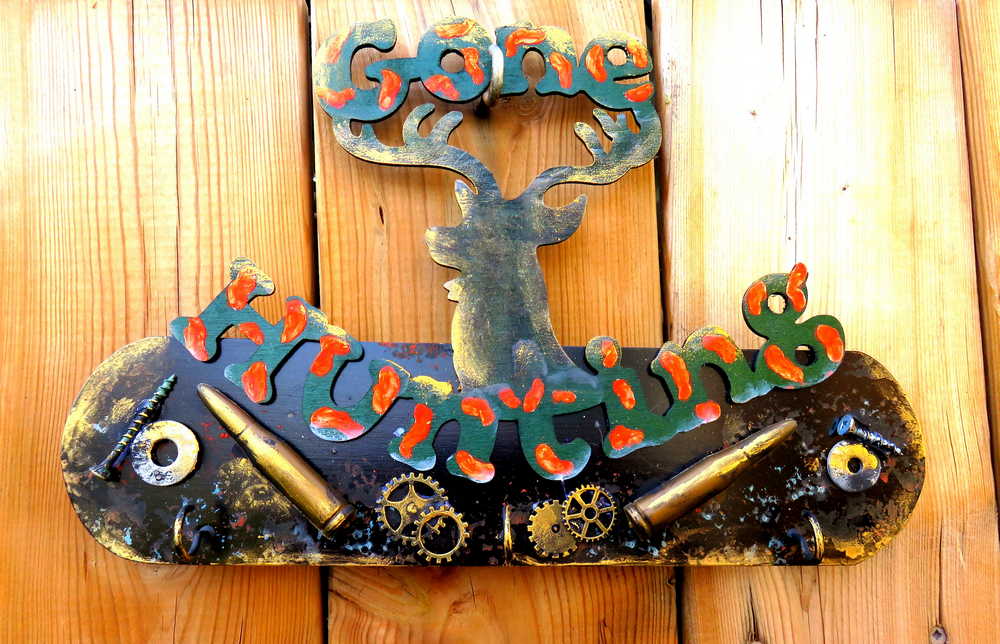 Gone Hunting Wall Plaque with Deer Cut Out, with Gears, Nuts & Bolts