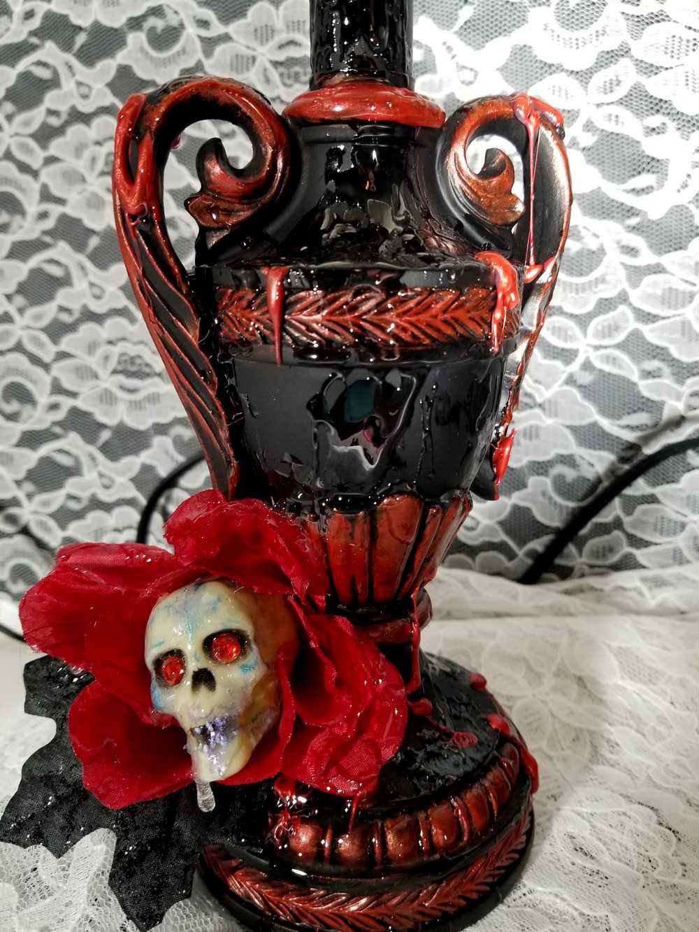 2 Lamps with Fake Blood Splattered on Lamp Shade, Skull Head in a Red Rose