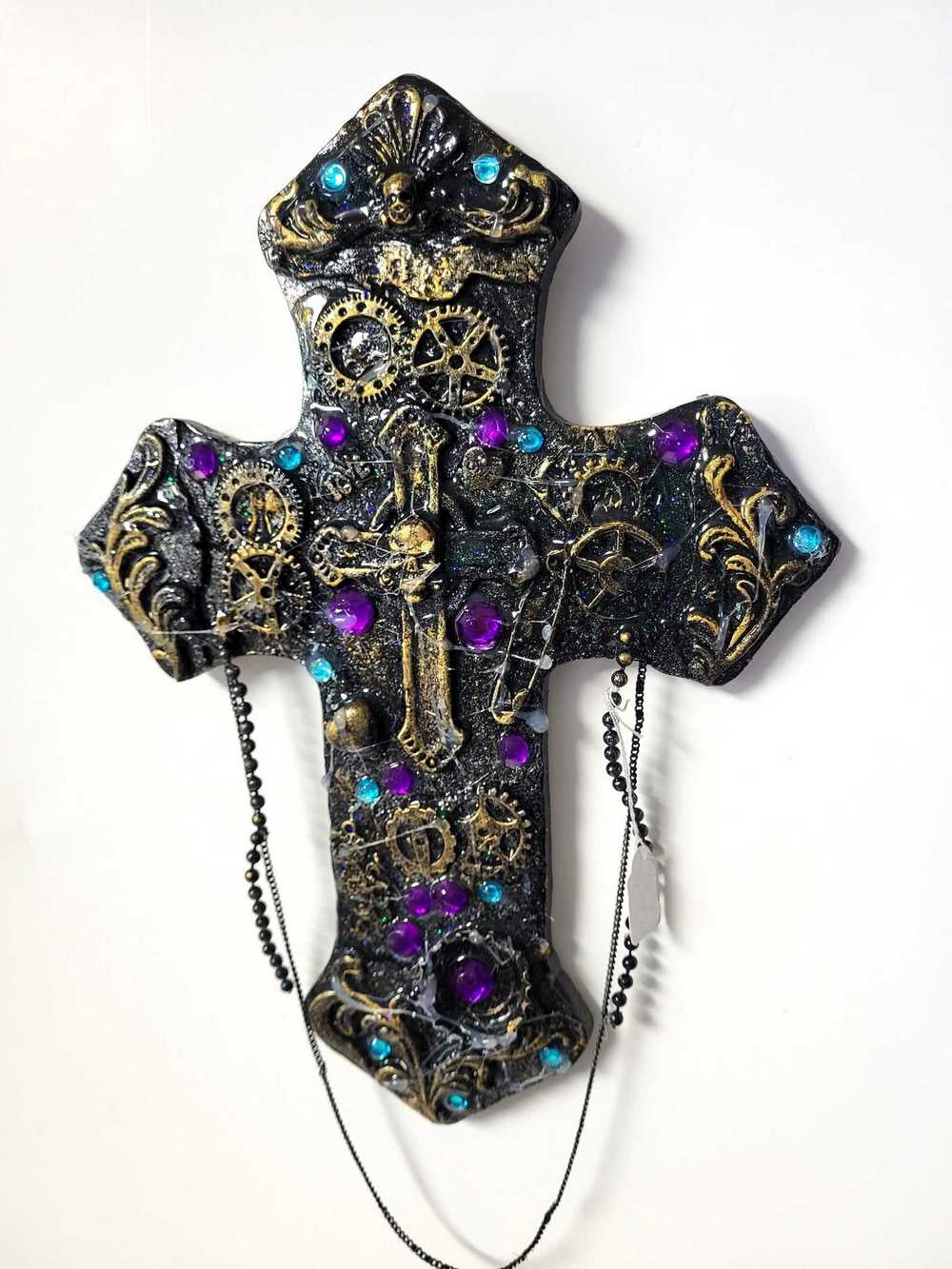 Altered Cross Made of Plaster with Skulls, Gears and Chains