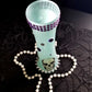 19 cm Tall Teal Colored Glass Vase with Skulls, Spikes and Resin