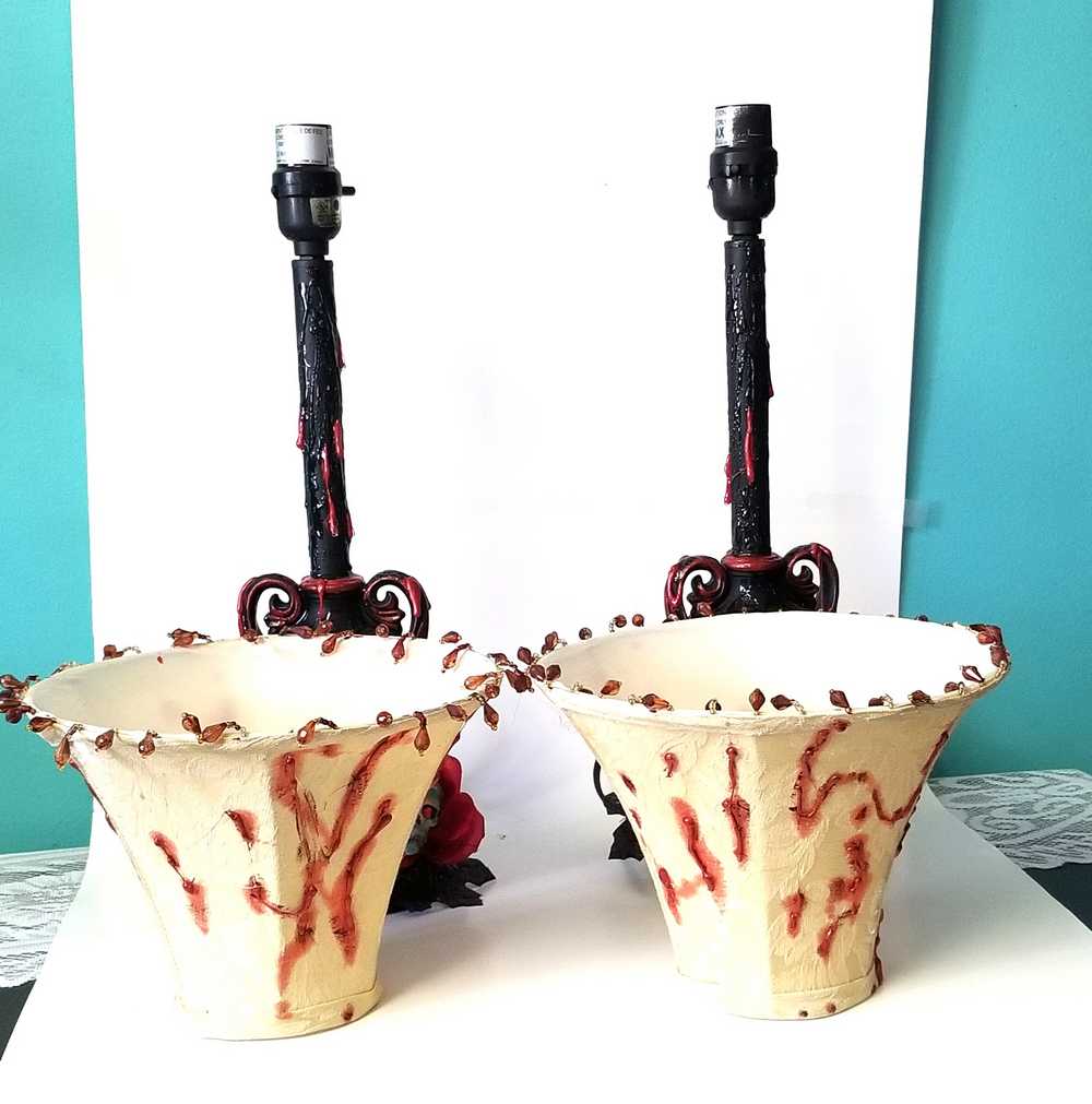 2 Lamps with Fake Blood Splattered on Lamp Shade, Skull Head in a Red Rose