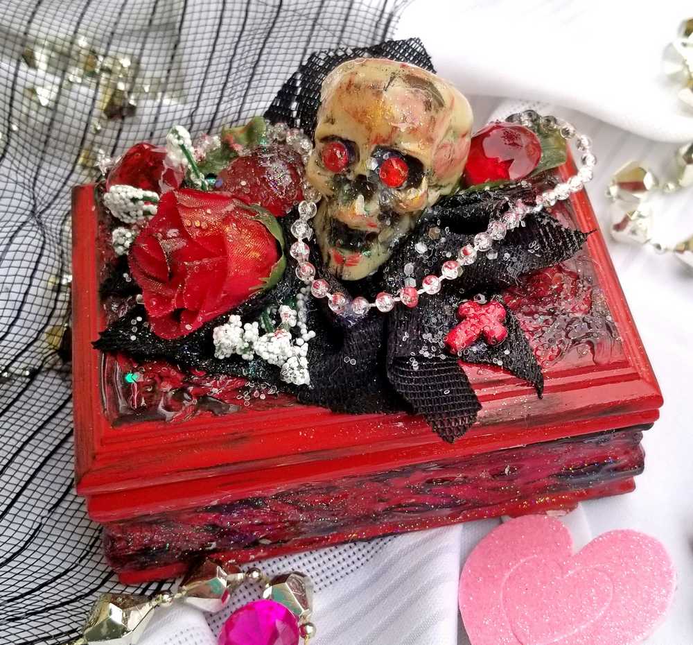 Small Red and Black Jewelry Box with a Skull and a Red Rose