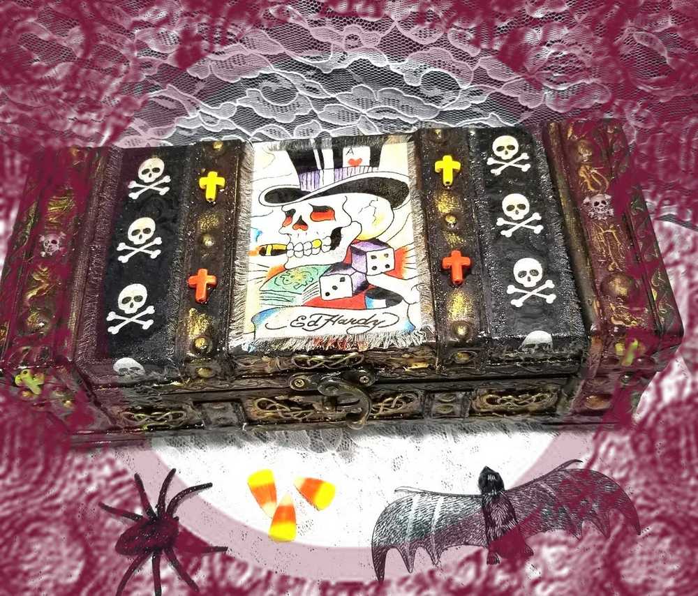 Original Recycled Jewelry/Stash Box with Skull Fabric 