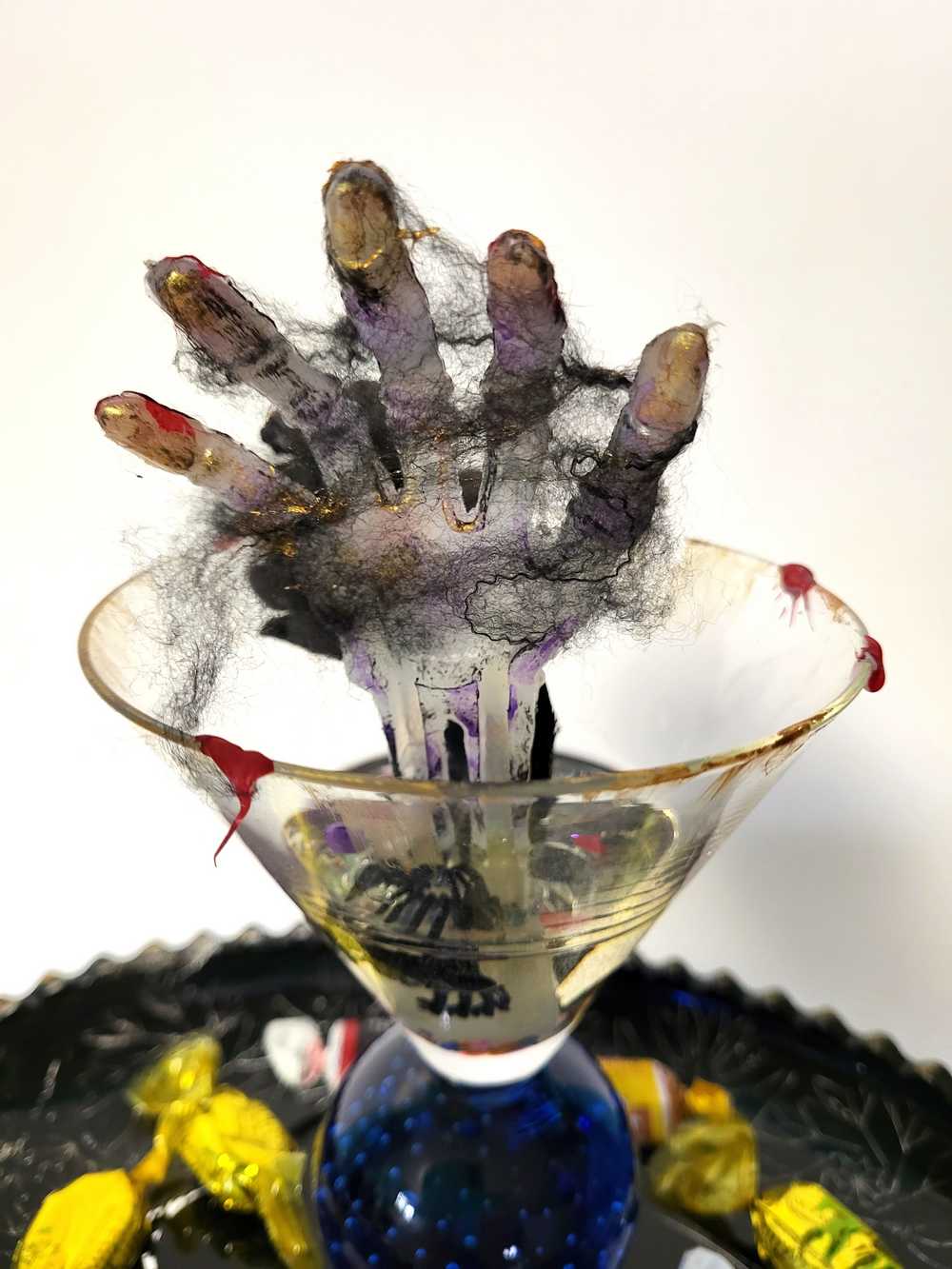 Creepy, Ghostly, Candy Dish, with Skeleton Hand in Resin, Blue Glass