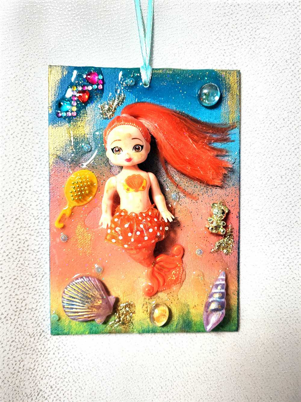 18L x 13W Orange Haired Mermaid Doll on Canvas, Art for The Kid's Room