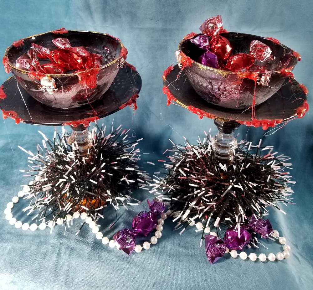 Altered Black Glass Candy Dish or Candle Holder with Fake Blood