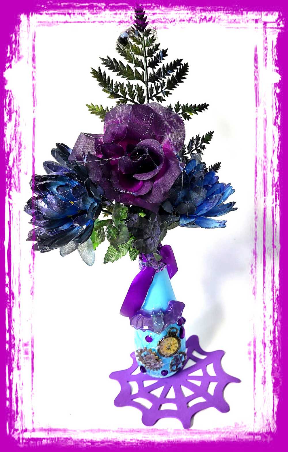 Teal Glass Vase with Skull, Purple Rose and Gears