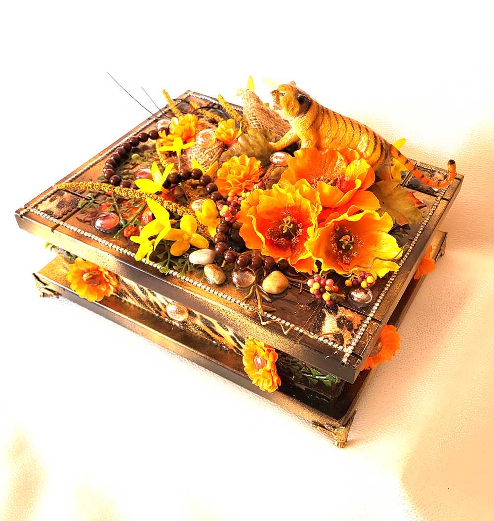 Jewelry Box with Orange & Yellow Flowers and a Tiger, Safari Themed