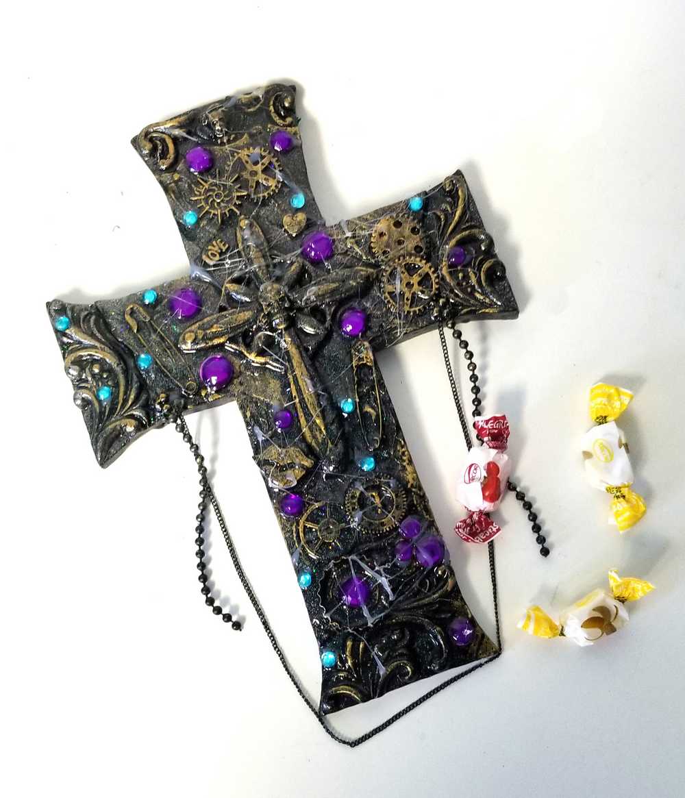 Black Cross With Skulls and Gears in Purple and Teal Rhinestones