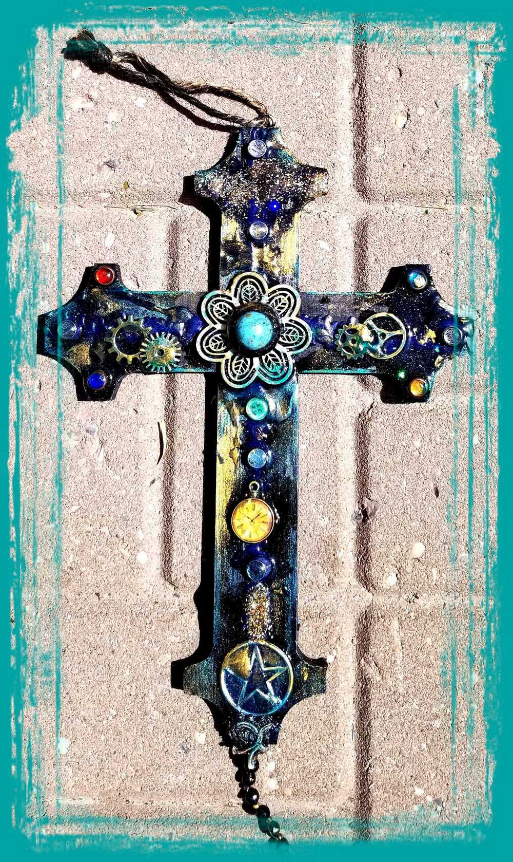 Altered Wood Goth Cross with Blue Stone and Gems