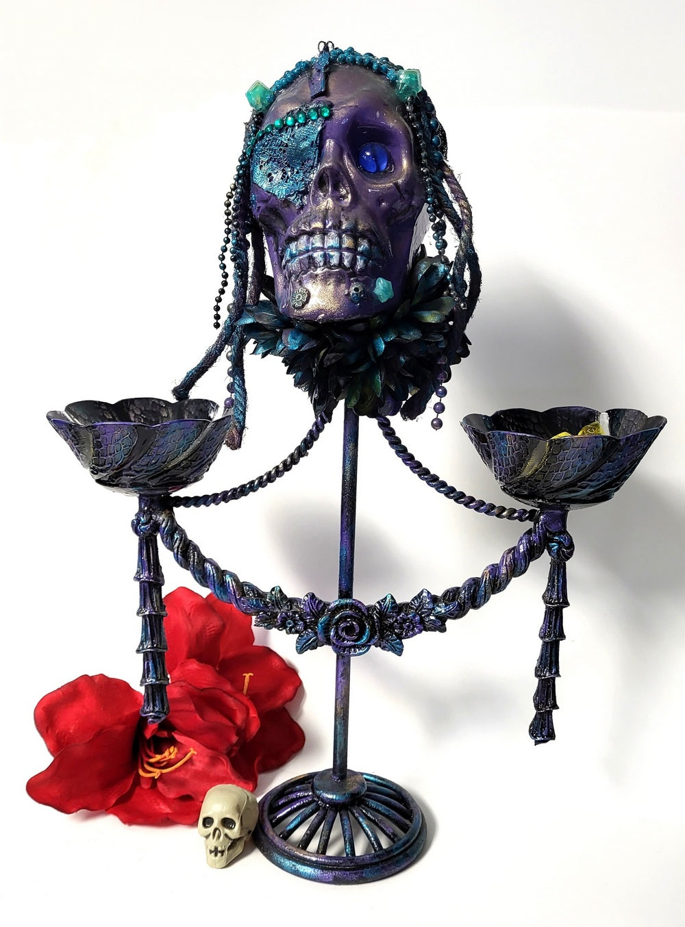 Purple Skull on Decorative Stand with Two Glass Candy Dishes