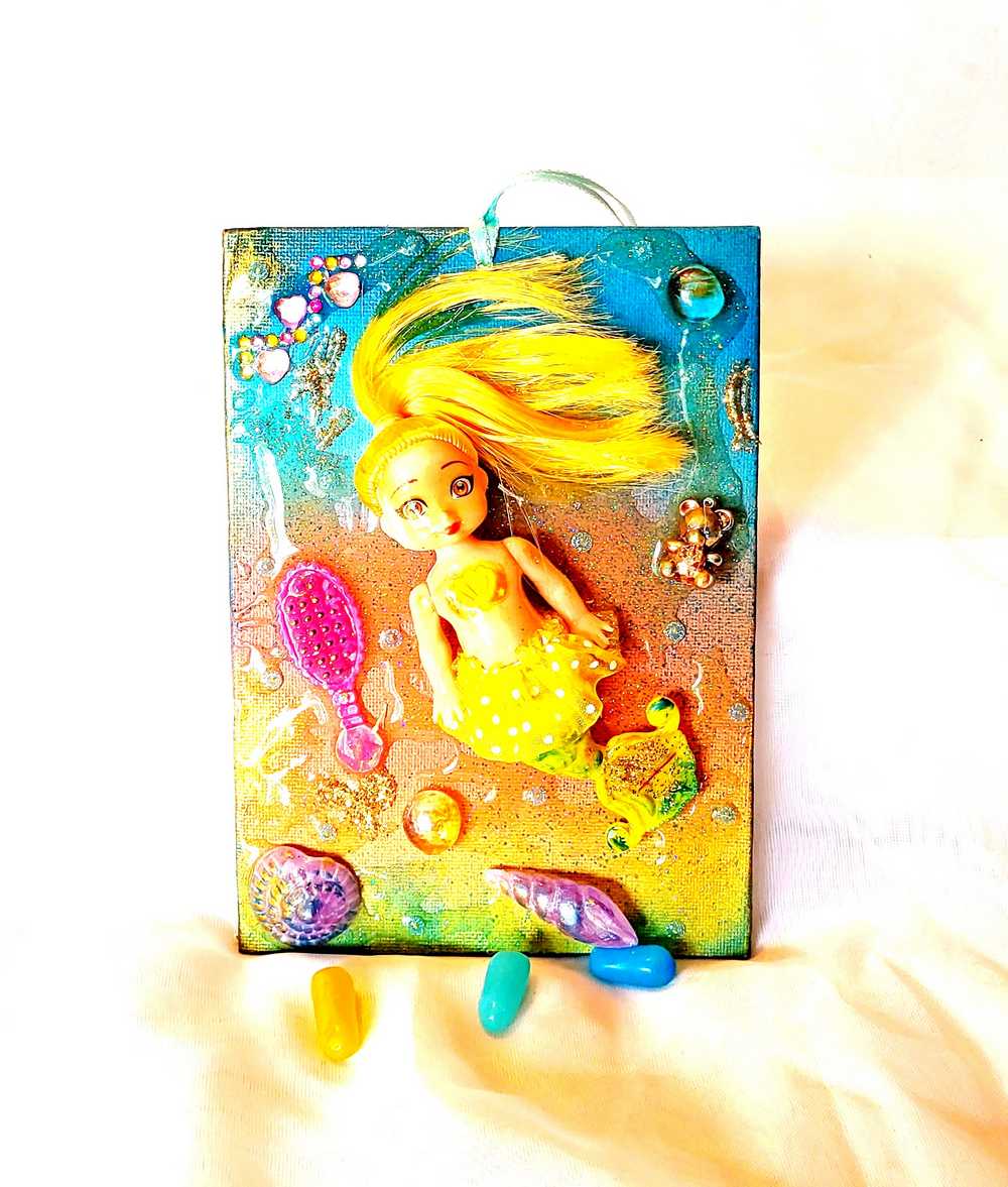 18L x 13W cm Canvas with Blond Mermaid Doll, Wall Hanger for Child's Room