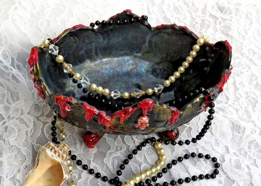 Altered Black Glass Bowl with Pedestal Feet and Scalloped Edge