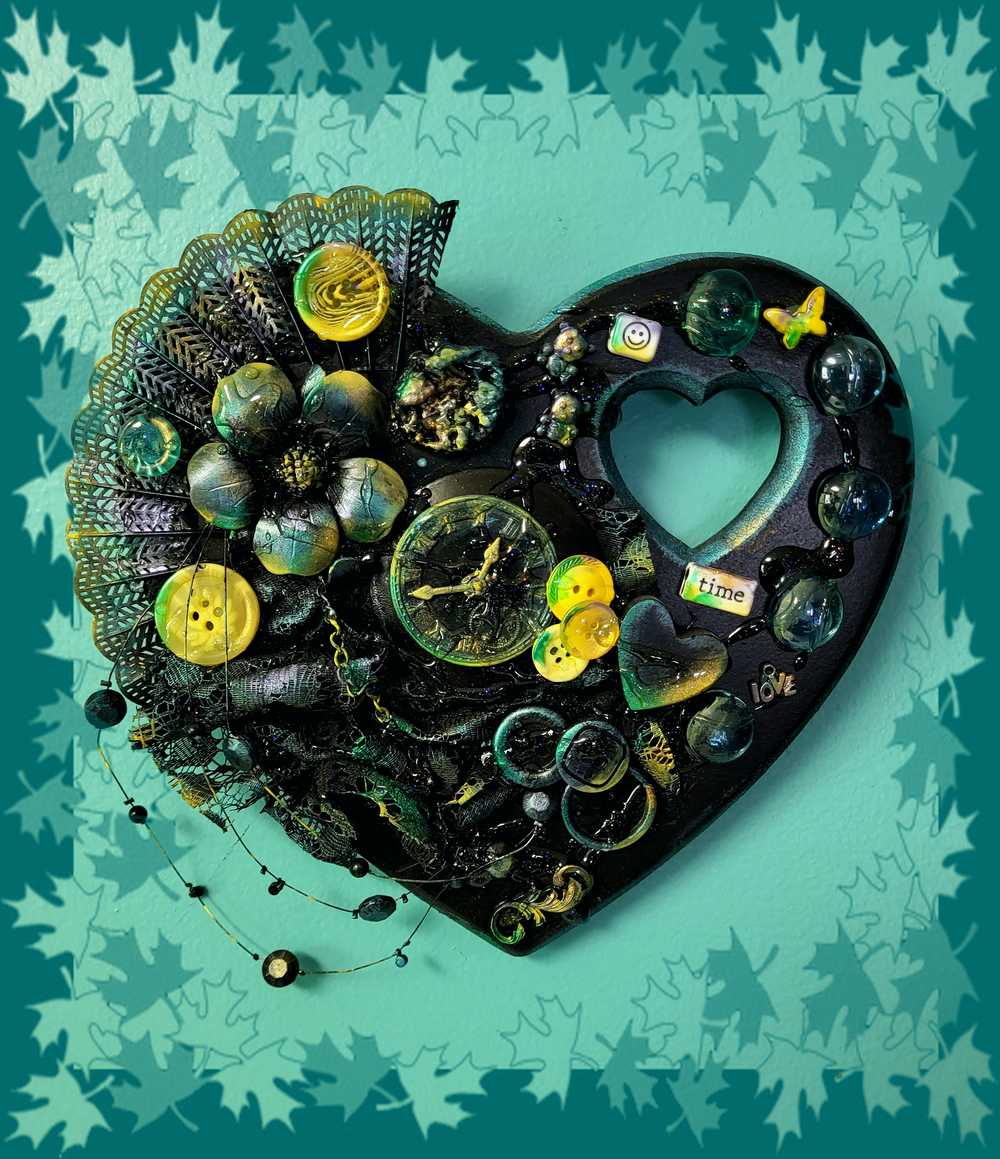 Wall Decor Wooden Heart Plaque with Teal, Yellow and Black, Punk Design