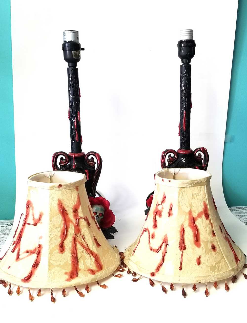 2 Lamps with Fake Blood Splattered on Lamp Shade, Skull Head in a Red Rose