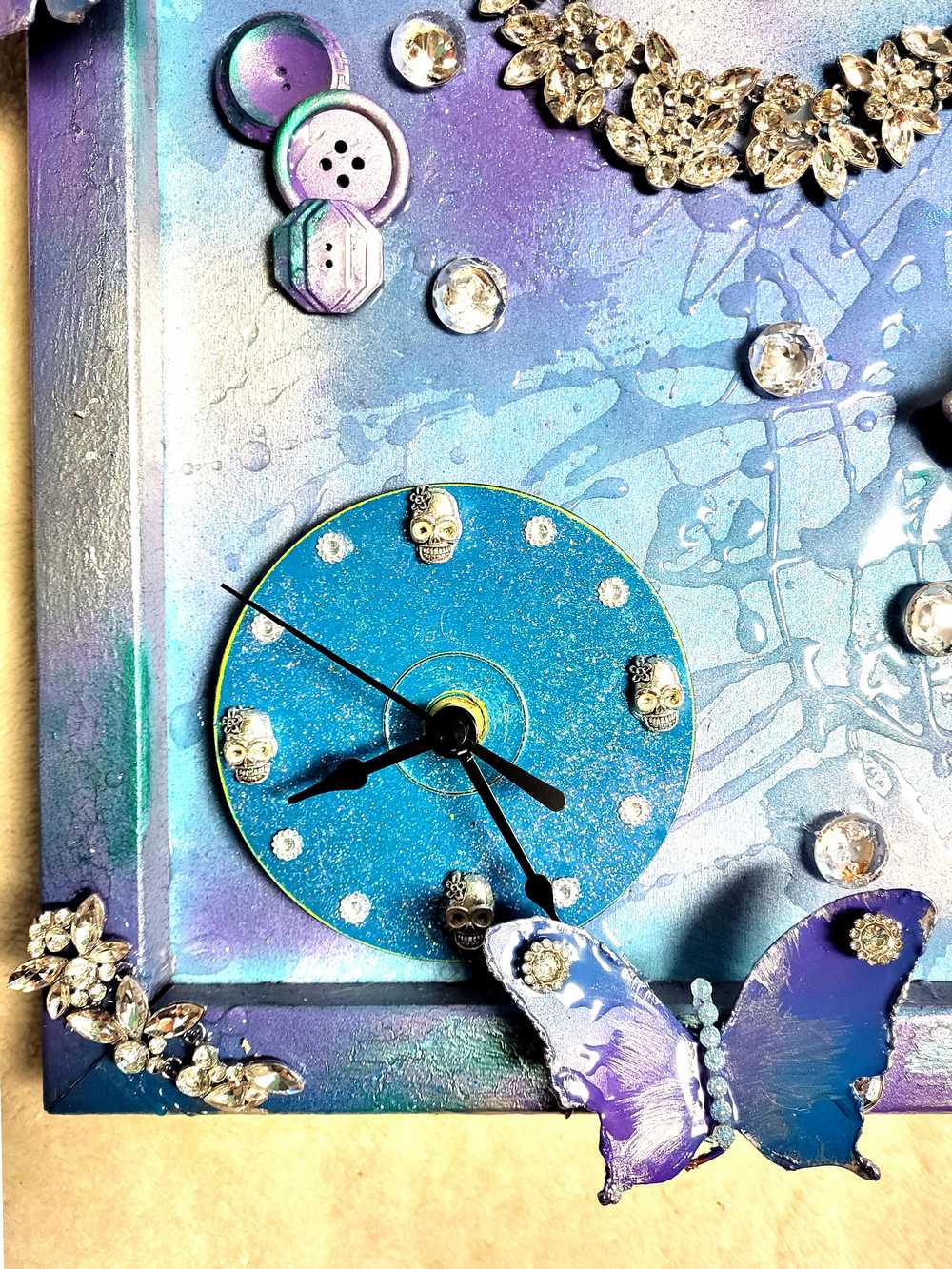 Large Teal Wood Clock with Skull and all Her Jewels, with Lights