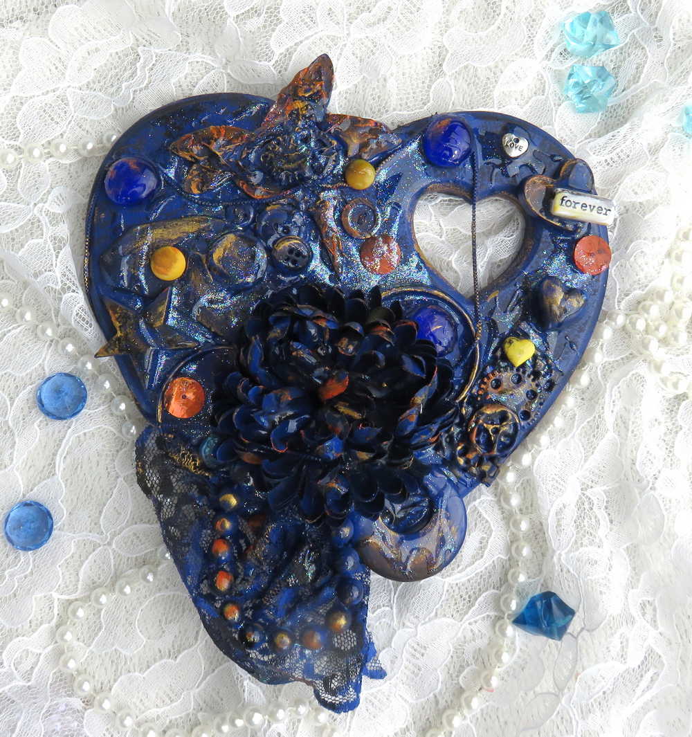 Deep Blue Wooden Heart Wall Plaque with Flowers, Recycled Jewelry, Gears and a Hummingbird