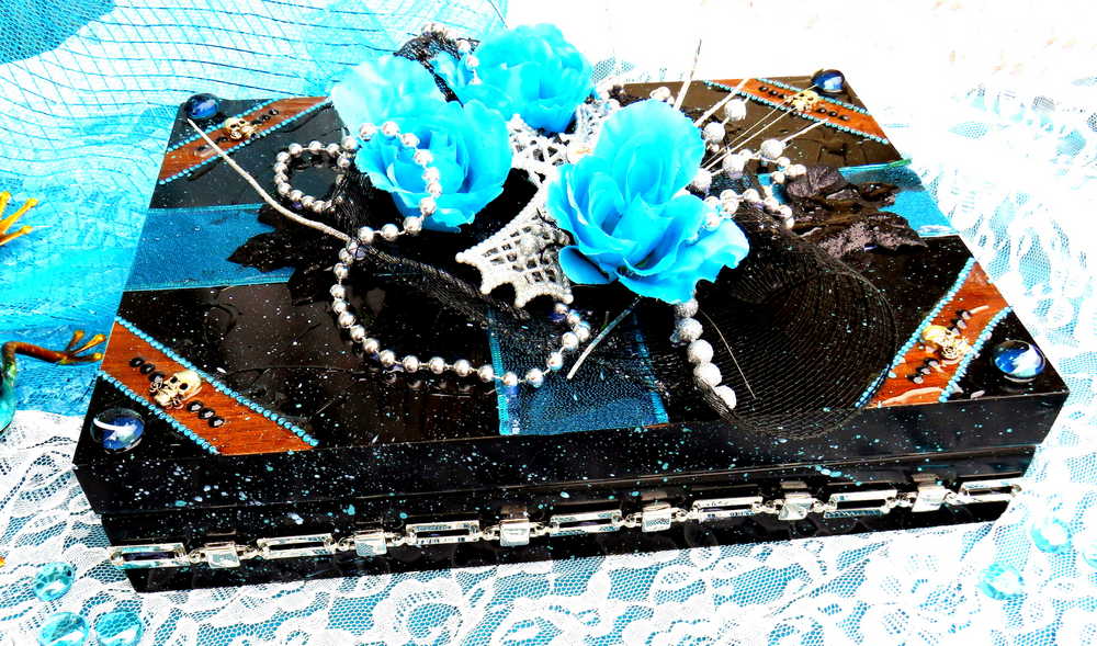 Black and Teal Jewelry Box with  3D Teal Roses, a White Cross and Skull Charms