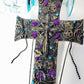 Black Cross With Skulls and Gears in Purple and Teal Rhinestones