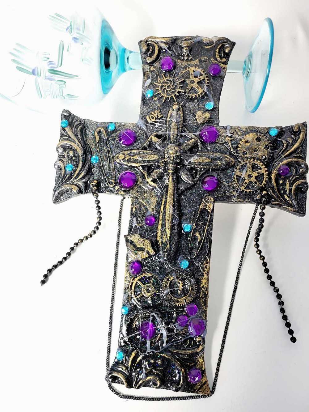 Black Cross With Skulls and Gears in Purple and Teal Rhinestones