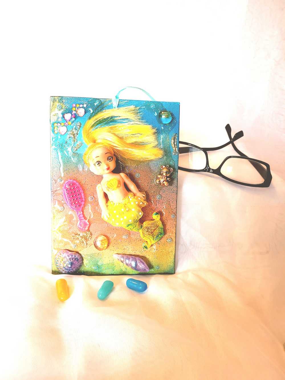 18L x 13W cm Canvas with Blond Mermaid Doll, Wall Hanger for Child's Room