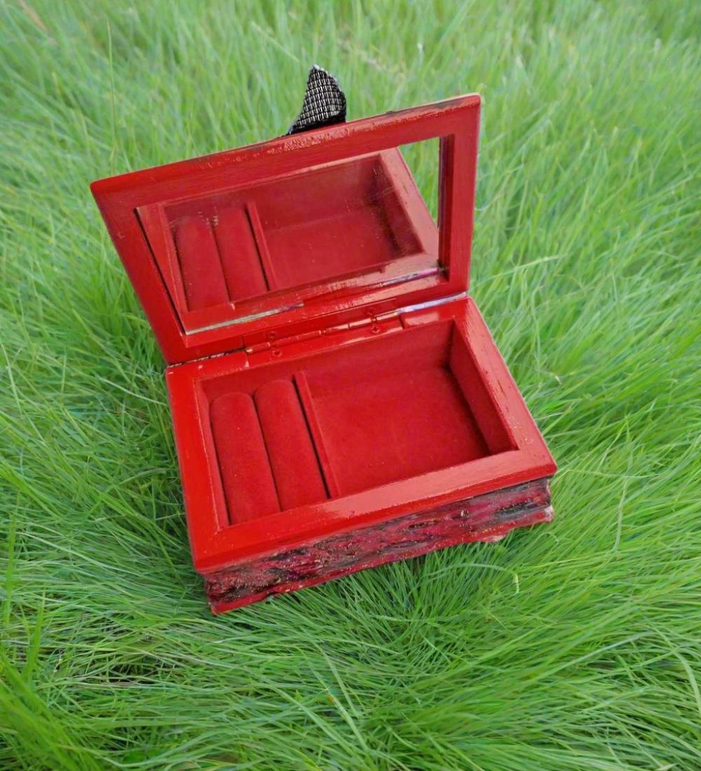 Small Red and Black Jewelry Box with a Skull and a Red Rose