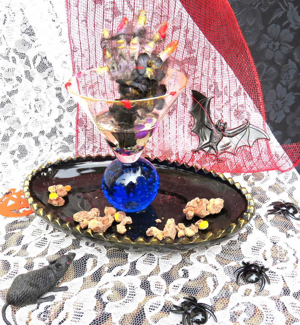 Creepy, Ghostly, Candy Dish, with Skeleton Hand in Resin, Blue Glass