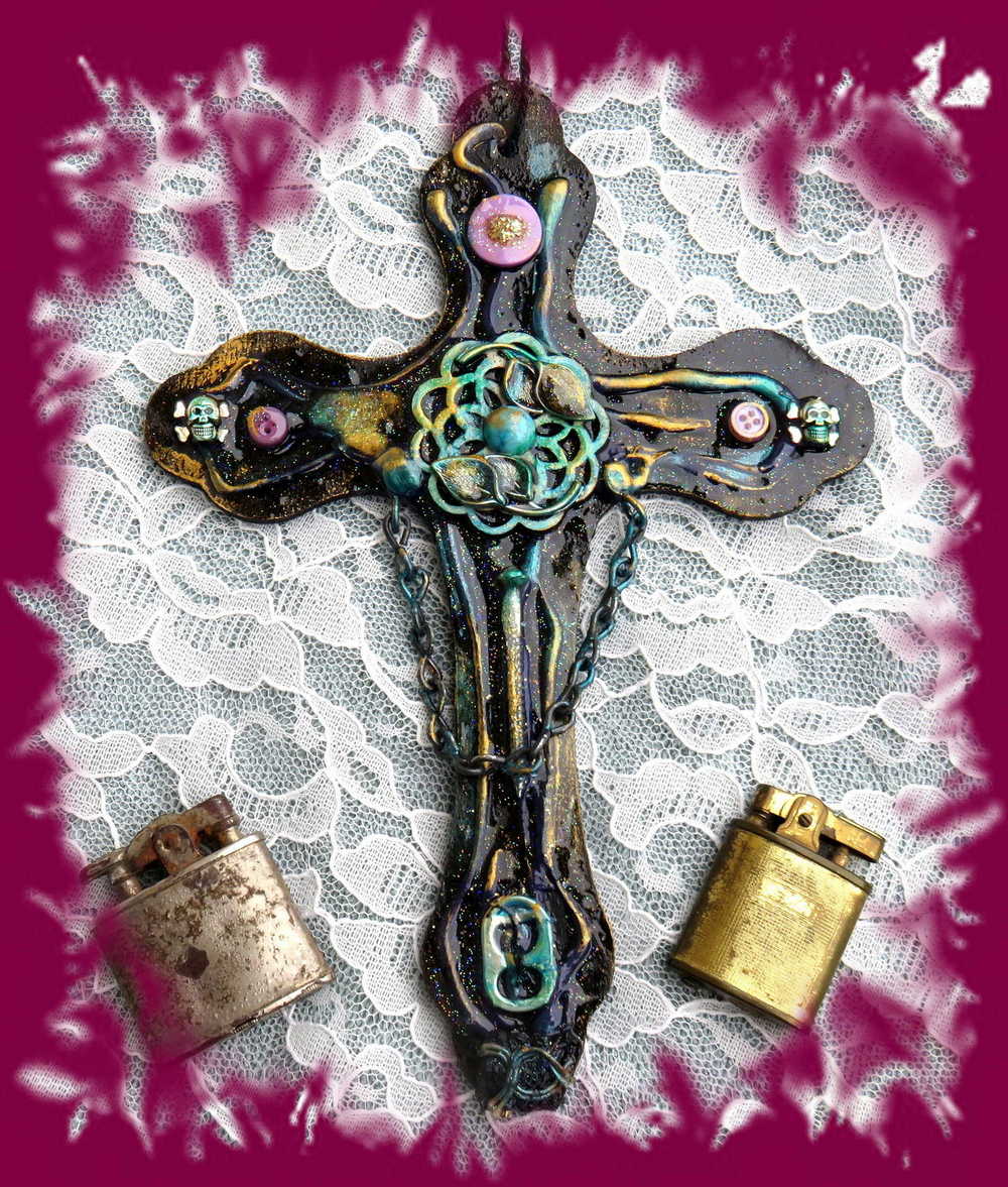 Altered Goth Wooden Cross with Skulls, Chains and Pink Buttons