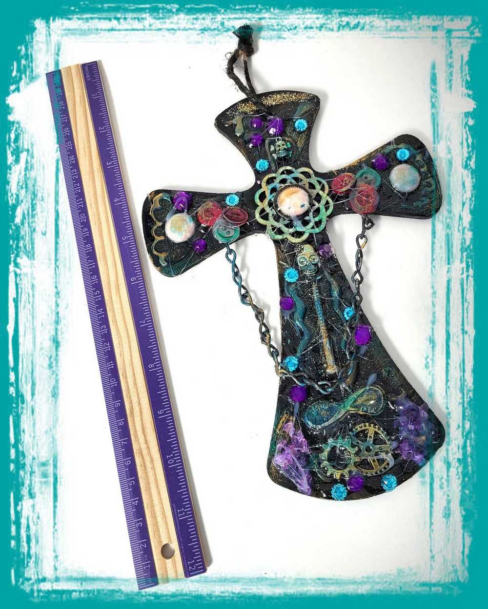 Wooden Cross with Chains, Buttons, Rhinestones, Gears and Skulls