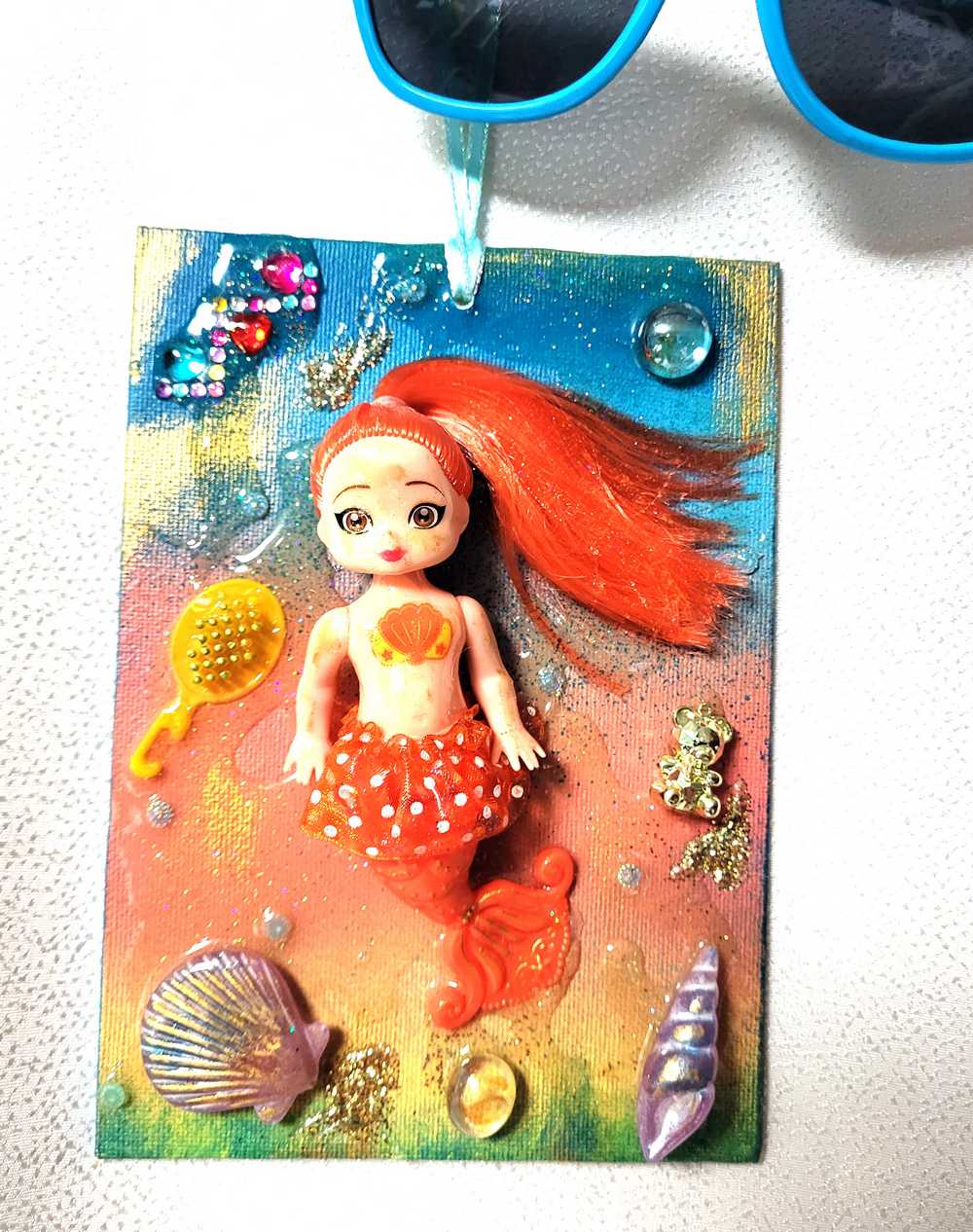 18L x 13W Orange Haired Mermaid Doll on Canvas, Art for The Kid's Room